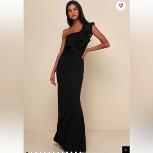Lulu’s Grand Beauty Black Ruffled One-Shoulder Mermaid Maxi Dress